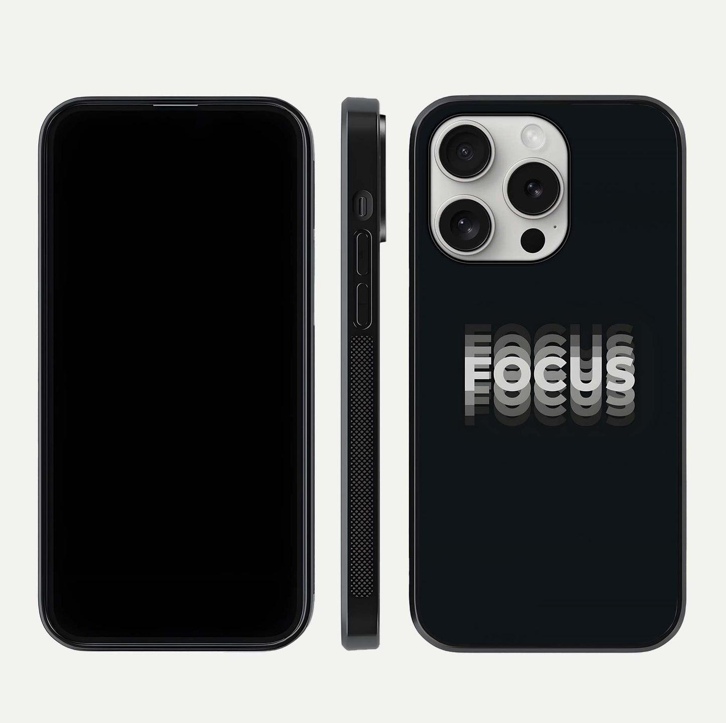 Mono Focus Vision Glass Case for iPhone 16 Pro front & back layout showing clean focus lines and curved edges