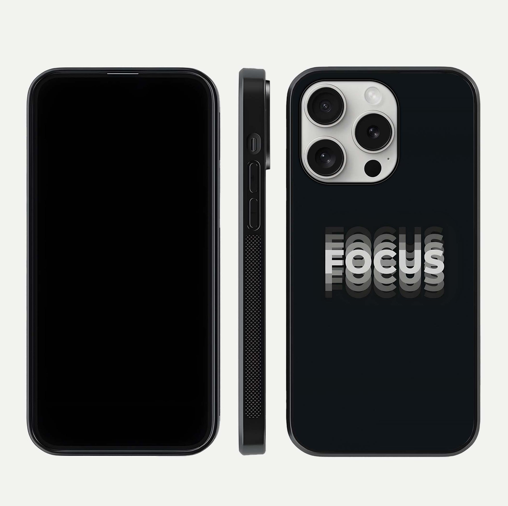 Mono Focus Vision Glass Case for iPhone 16 Pro front & back layout showing clean focus lines and curved edges