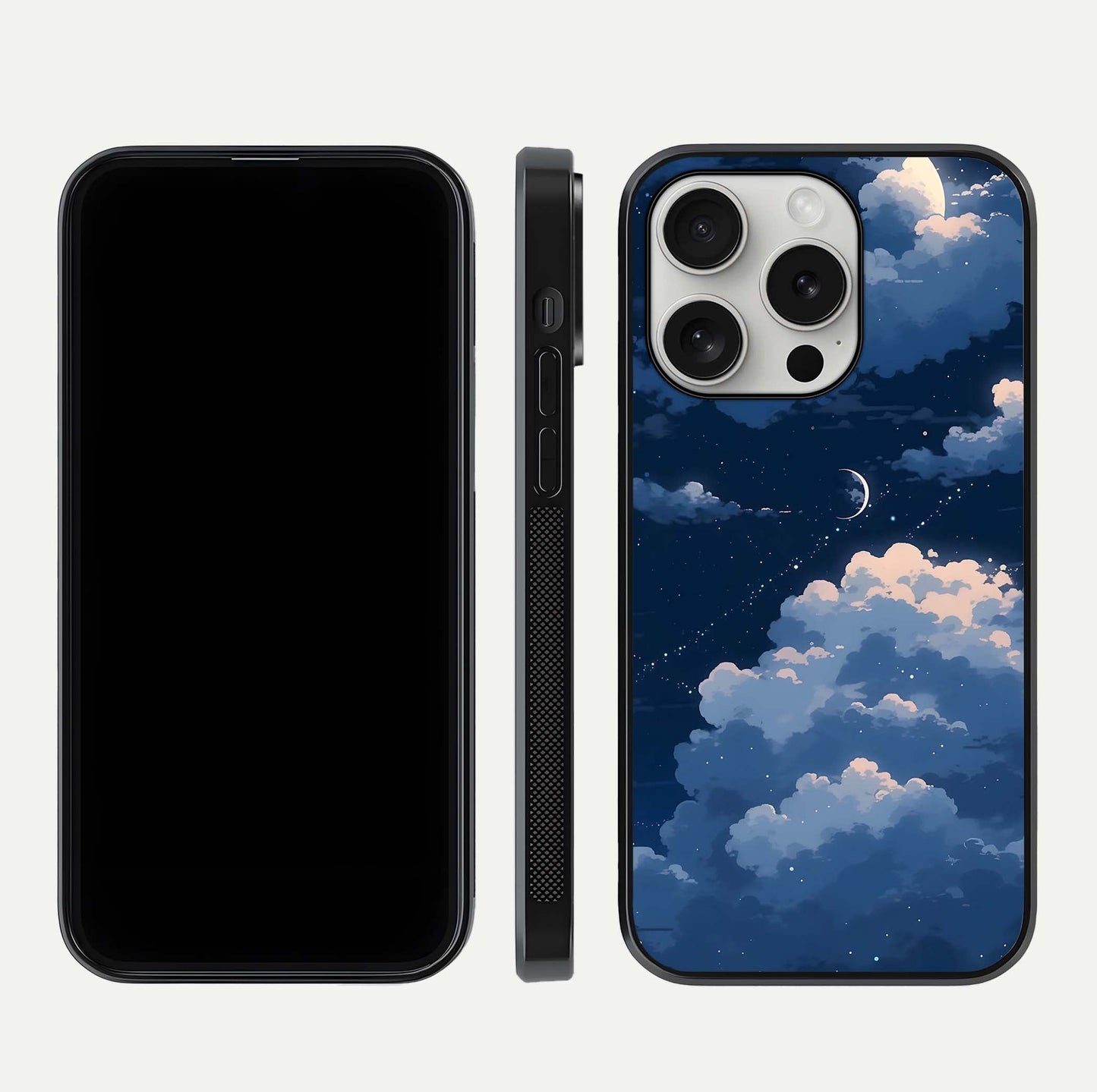 Moon Dream Haze Glass Case for iPhone 16 Pro front & back layout highlighting dreamy design and curved shape