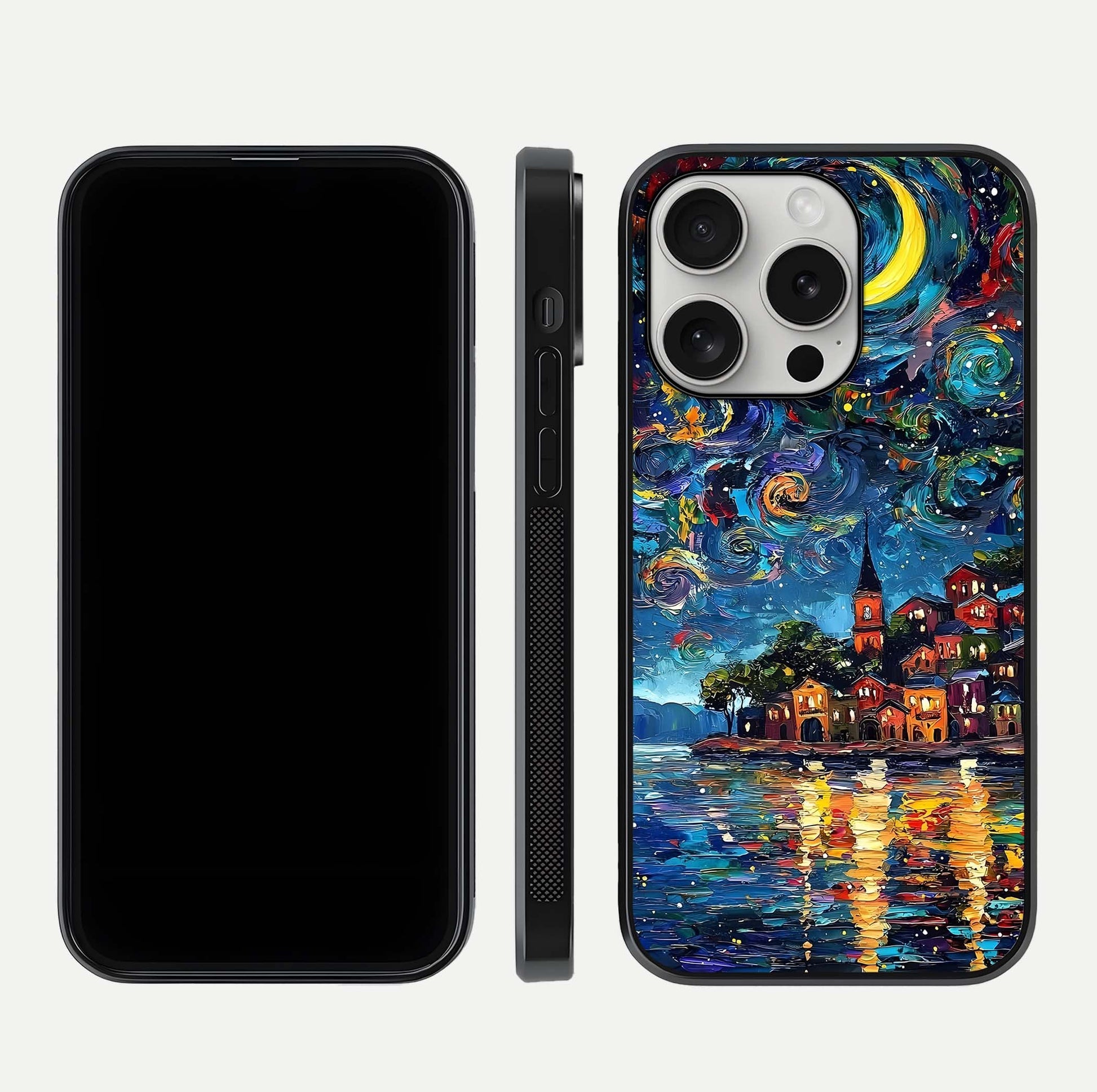 Moonlight Harbor Glow Glass Case for iPhone 16 Pro front & back layout highlighting calm harbor tones