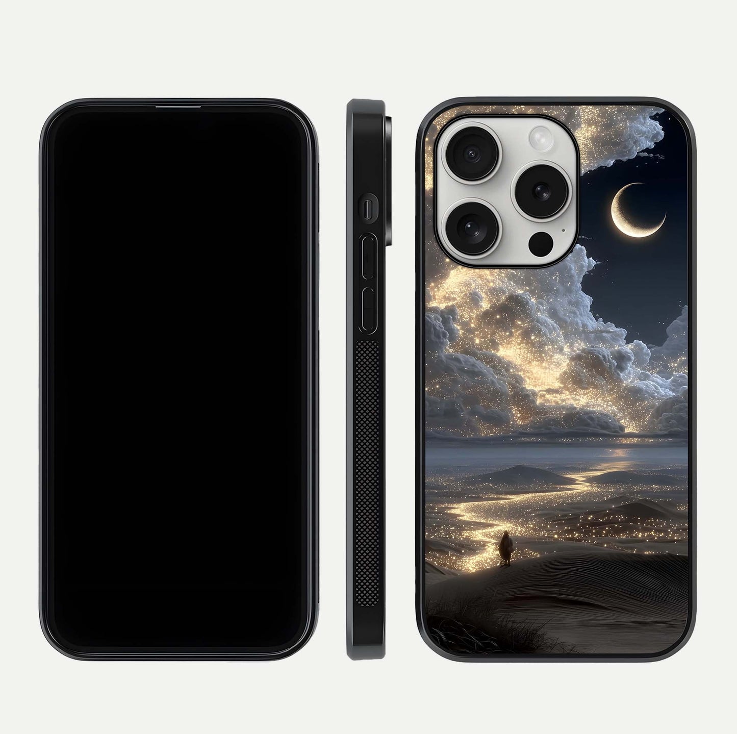 Moonlight Spark Path Glass Case for iPhone 16 Pro front & back layout highlighting calm tones and sleek edges