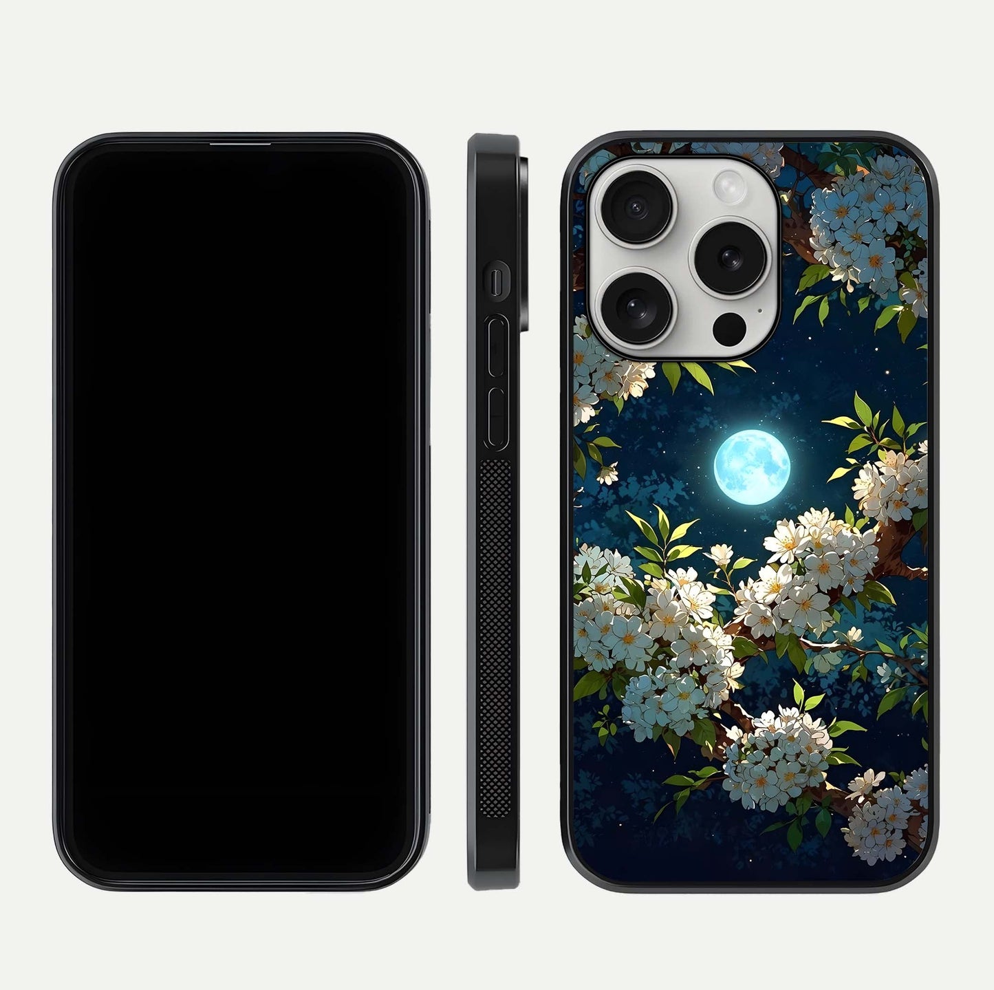 Moonlit Blossom Dream Glass Case for iPhone 16 Pro front & back layout highlighting moonlit tones and edges