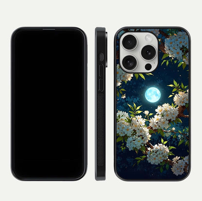 Moonlit Blossom Dream Glass Case for iPhone 16 Pro front & back layout highlighting moonlit tones and edges