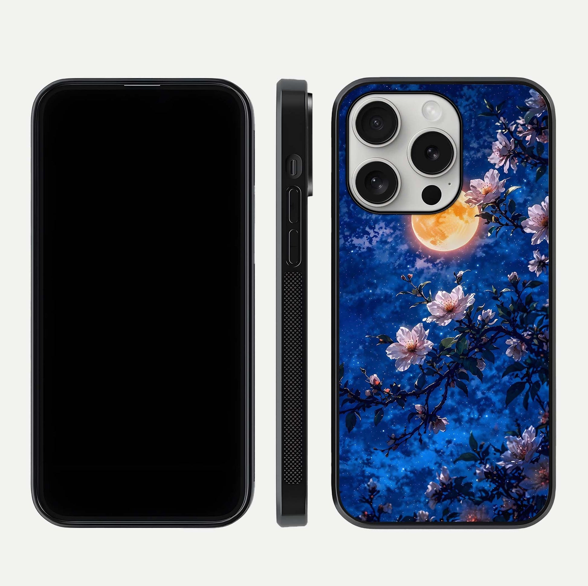 Moonlit Blossoms Night Glass Case for iPhone 16 Pro front & back layout highlighting moonlit tones and curved edges