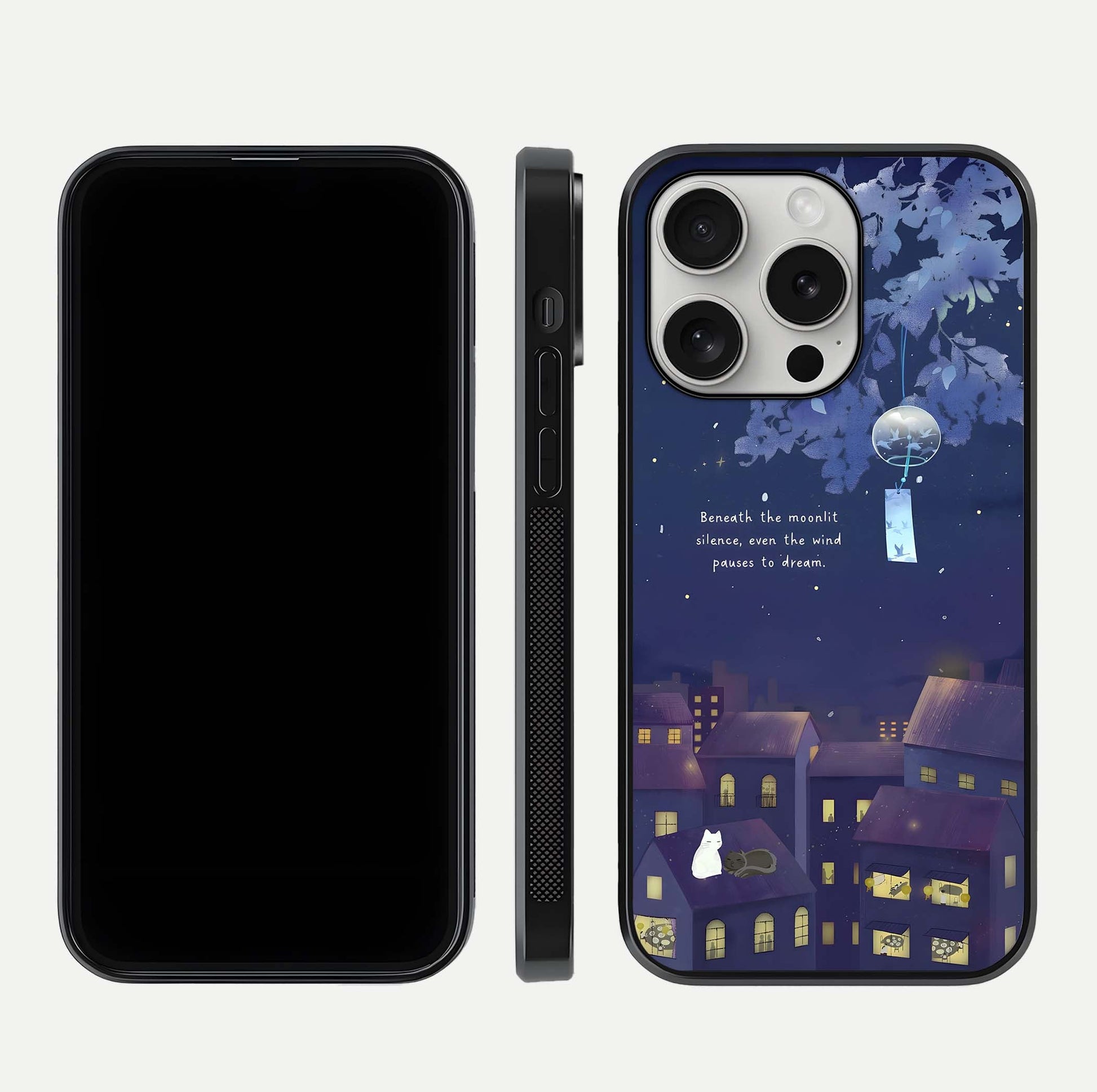 Moonlit Cat Silence Glass Case for iPhone 16 Pro front & back layout highlighting calm tones and edge detail