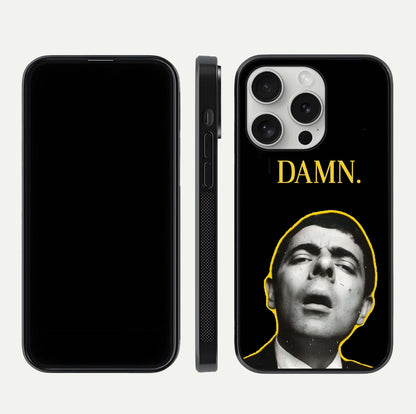 Mr Bean Damn Glass Case for iPhone 16 Pro front & back layout displaying fun artwork and curved smooth edges