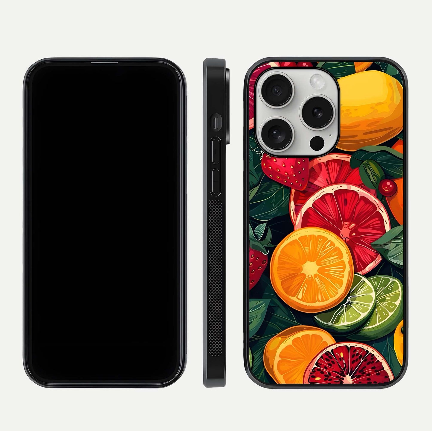 Multiple Fruits Glass Case for iPhone 16 Pro front & back layout highlighting vibrant tones and curved edges