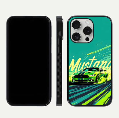 Mustang Bang Glass Case for iPhone 16 Pro front & back layout highlighting dark automotive tones and edge detail