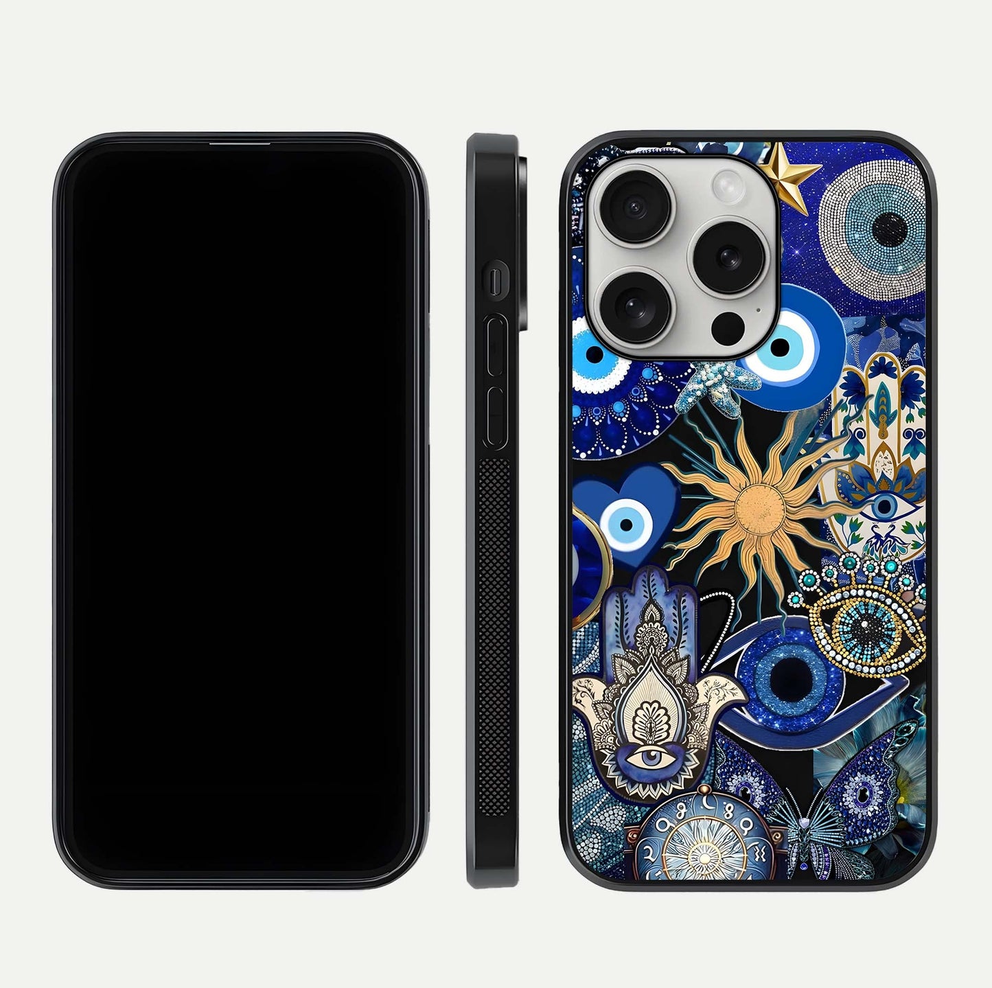 Mystic Blue Evil Eye Glass Case for iPhone 16 Pro front & back layout showing elegant tones and edge finish