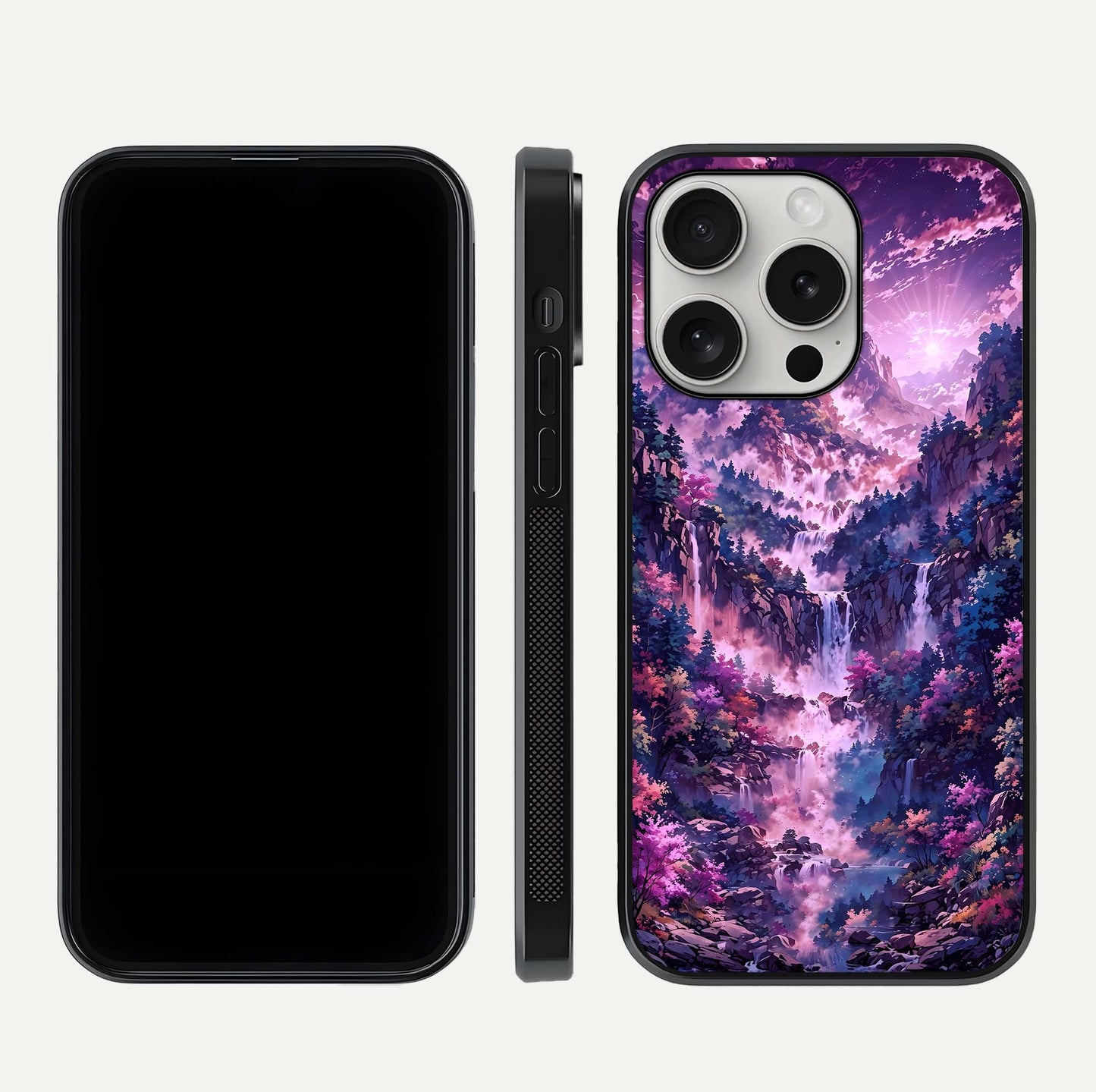 Mystic Cascade Peaks Glass Case for iPhone 16 Pro front & back layout highlighting HD landscape tones