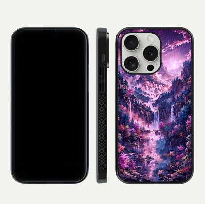 Mystic Cascade Peaks Glass Case for iPhone 16 Pro front & back layout highlighting HD landscape tones