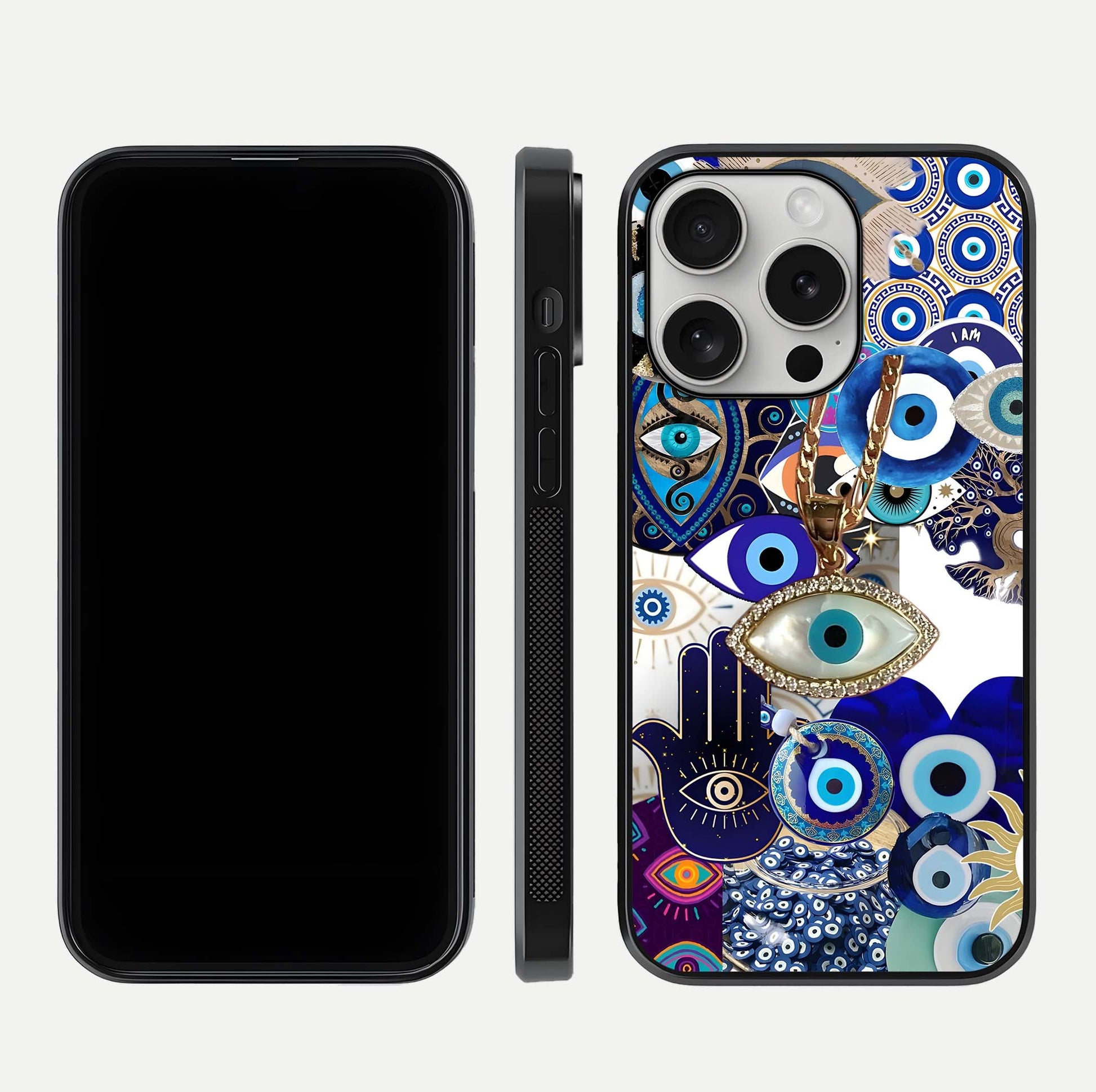Mystic Charm Eye Glass Case for iPhone 16 Pro front & back layout highlighting spiritual design and edges