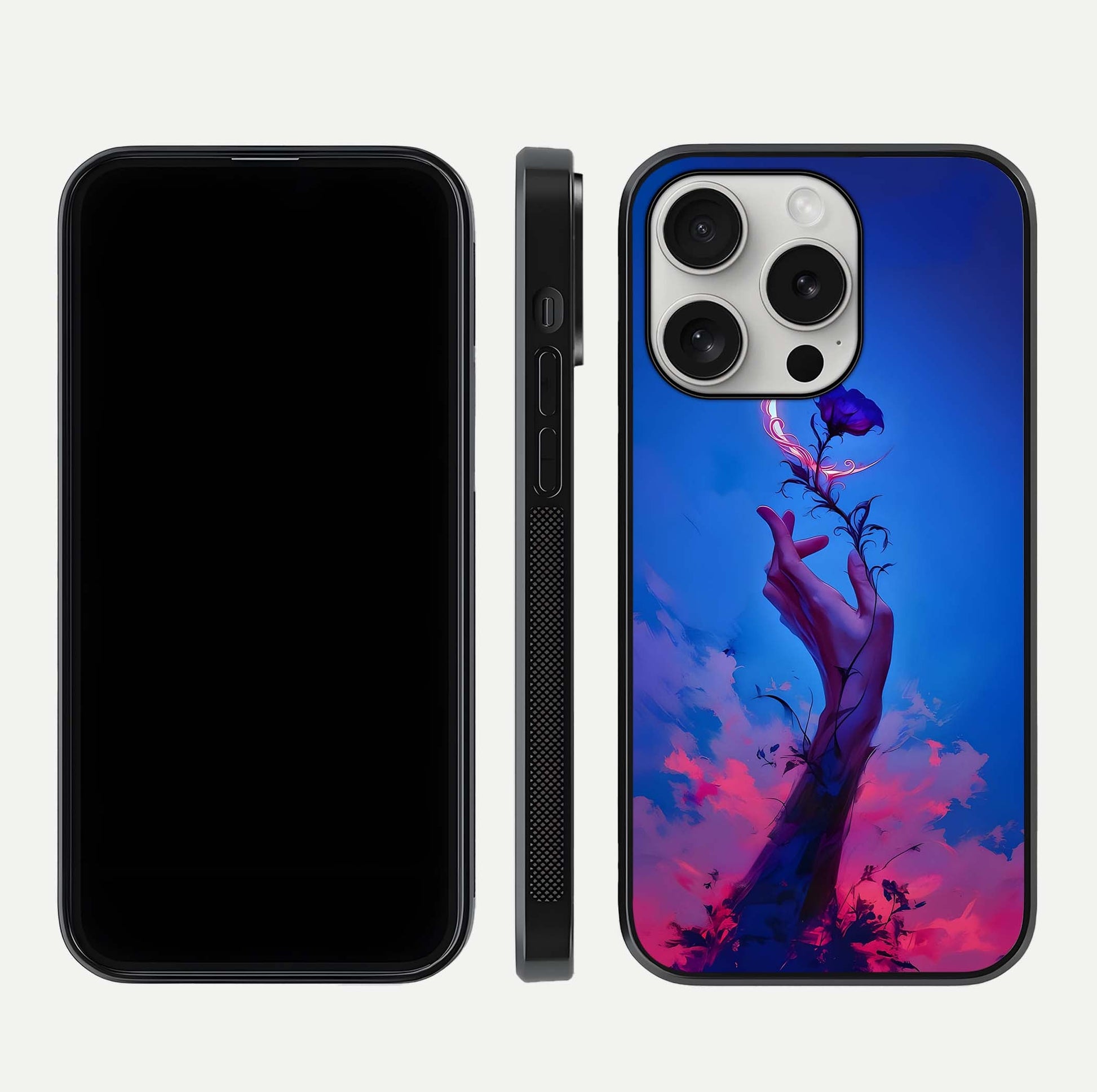 Mystic Hand Glass Case for iPhone 16 Pro front & back layout highlighting mystic design and smooth edges