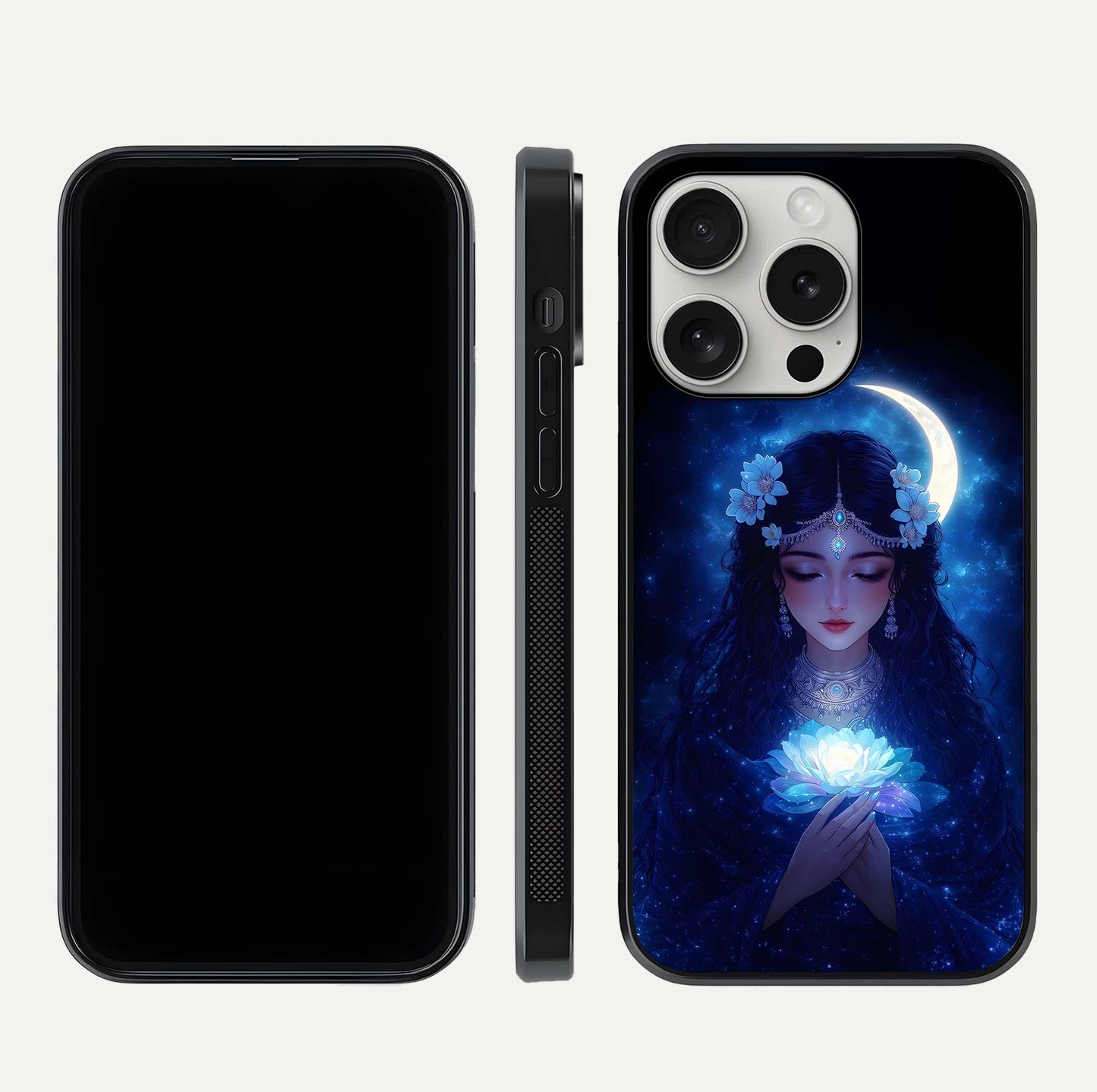 Mystic Moon Queen Glass Case for iPhone 16 Pro front & back layout highlighting divine illustration and edges