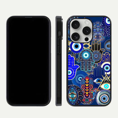 Mystic Palm Guard Glass Case for iPhone 16 Pro front & back layout highlighting spiritual art and edge finish