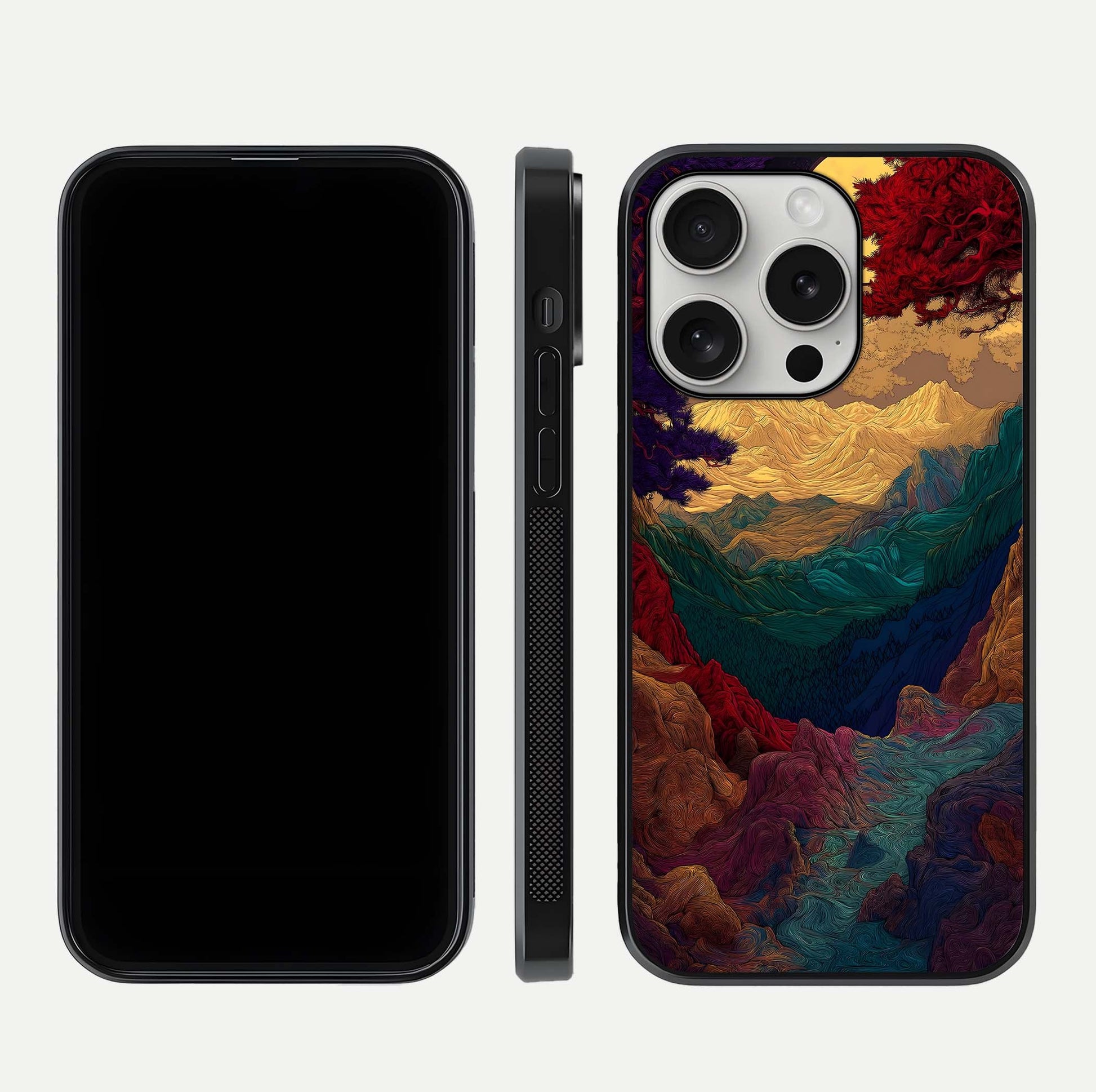 Mystic Valley Light Glass Case for iPhone 16 Pro front & back layout displaying landscape tones and edges