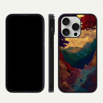 Mystic Valley Light Glass Case for iPhone 16 Pro front & back layout displaying landscape tones and edges