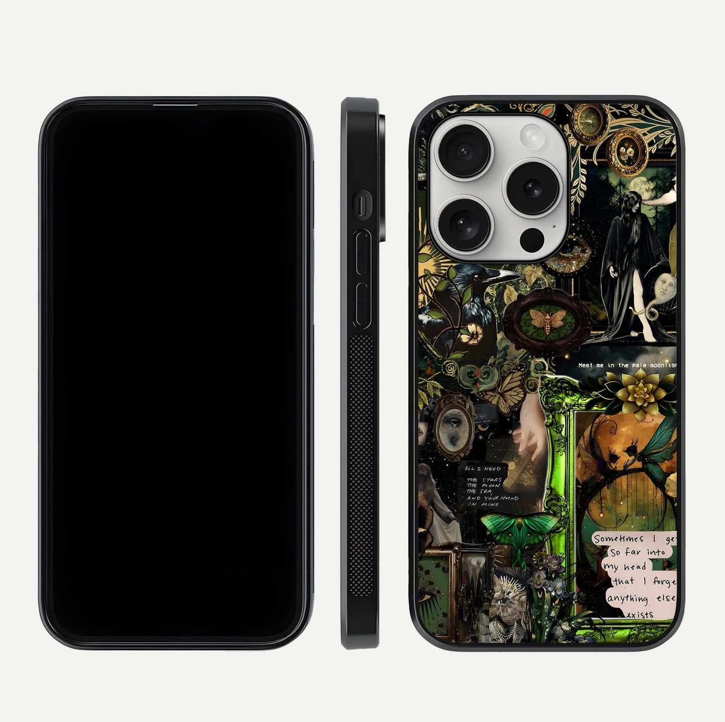 Mystic Woods Secret Glass Case for iPhone 16 Pro front & back layout showing nature theme and smooth edges