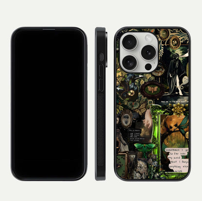 Mystic Woods Secret Glass Case for iPhone 16 Pro front & back layout showing nature theme and smooth edges