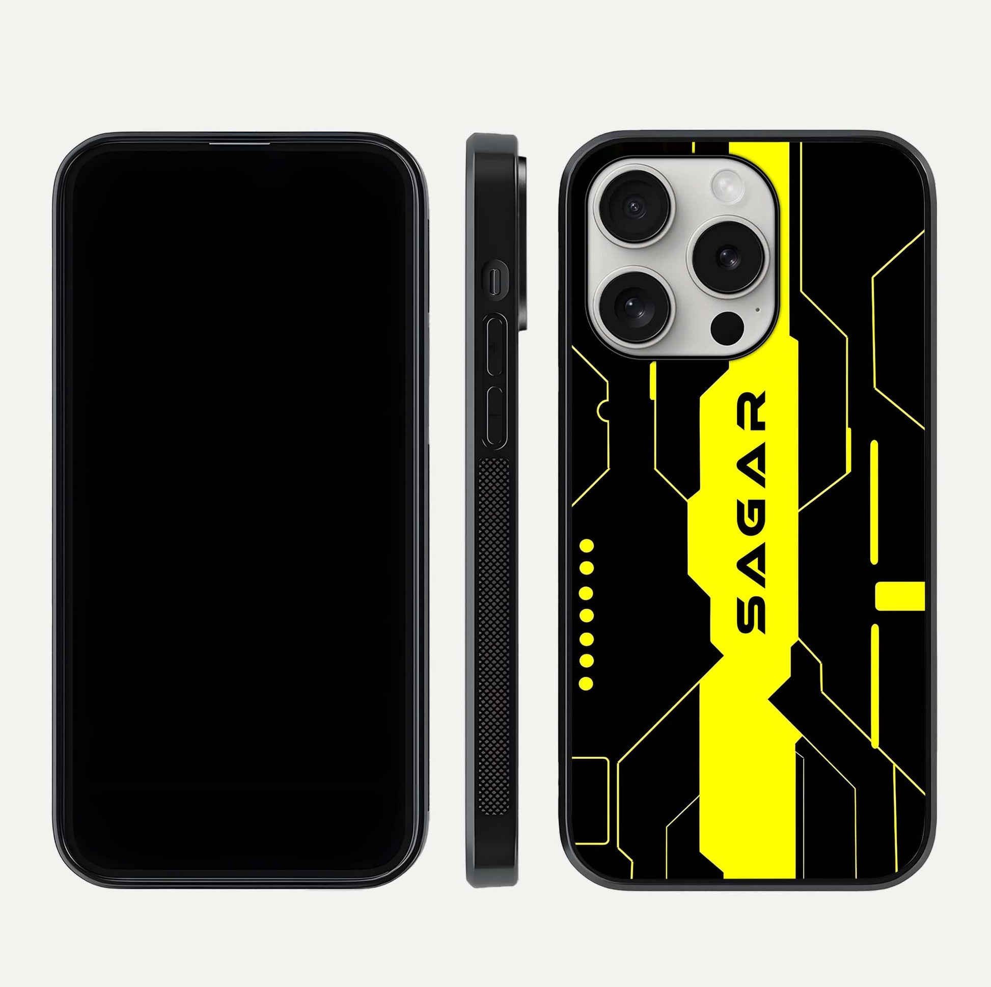 Neon CYBERPUNK Custom Name Glass Case for iPhone 16 Pro front & back layout showing tech art and custom edge