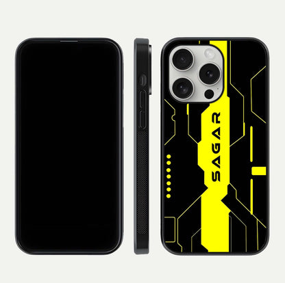 Neon CYBERPUNK Custom Name Glass Case for iPhone 16 Pro front & back layout showing tech art and custom edge