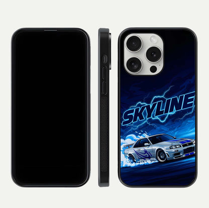 Neon Drift Beast Glass Case for iPhone 16 Pro front & back layout showing car silhouette and edge design