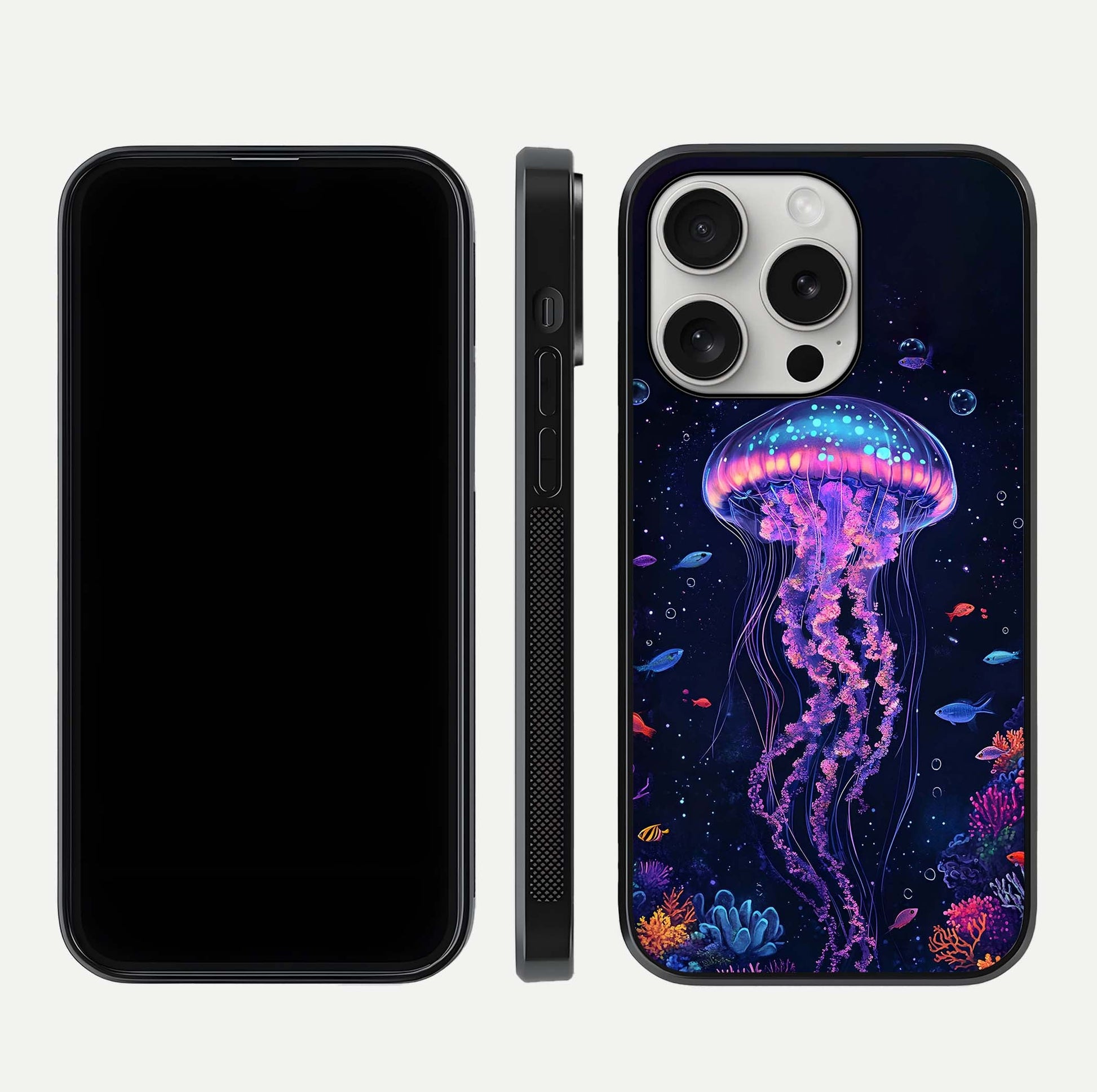 Neon Jellyfish Glass Case for iPhone 16 Pro front & back layout highlighting HD marine art and curved edges