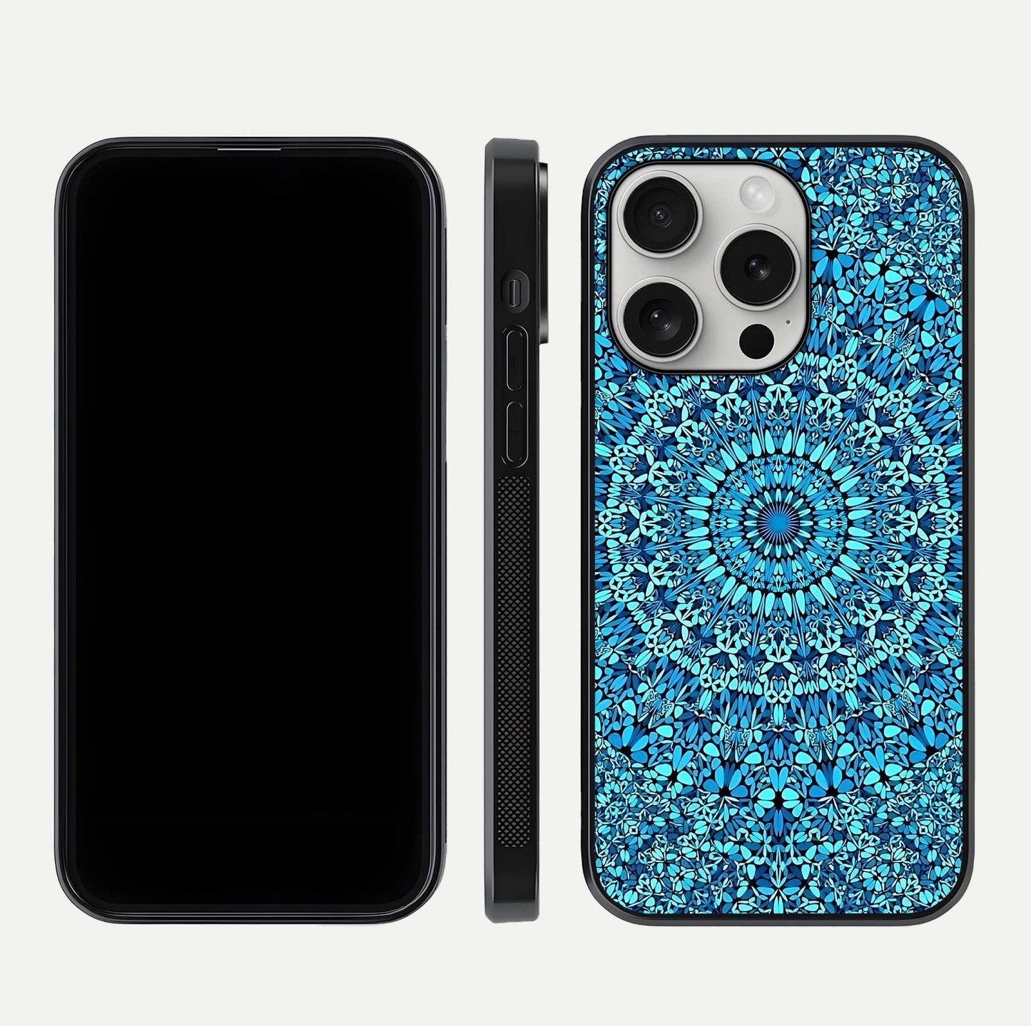 Ocean Bloom Mandala Glass Case for iPhone 16 Pro front & back layout showing ocean tone design and edges
