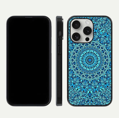Ocean Bloom Mandala Glass Case for iPhone 16 Pro front & back layout showing ocean tone design and edges