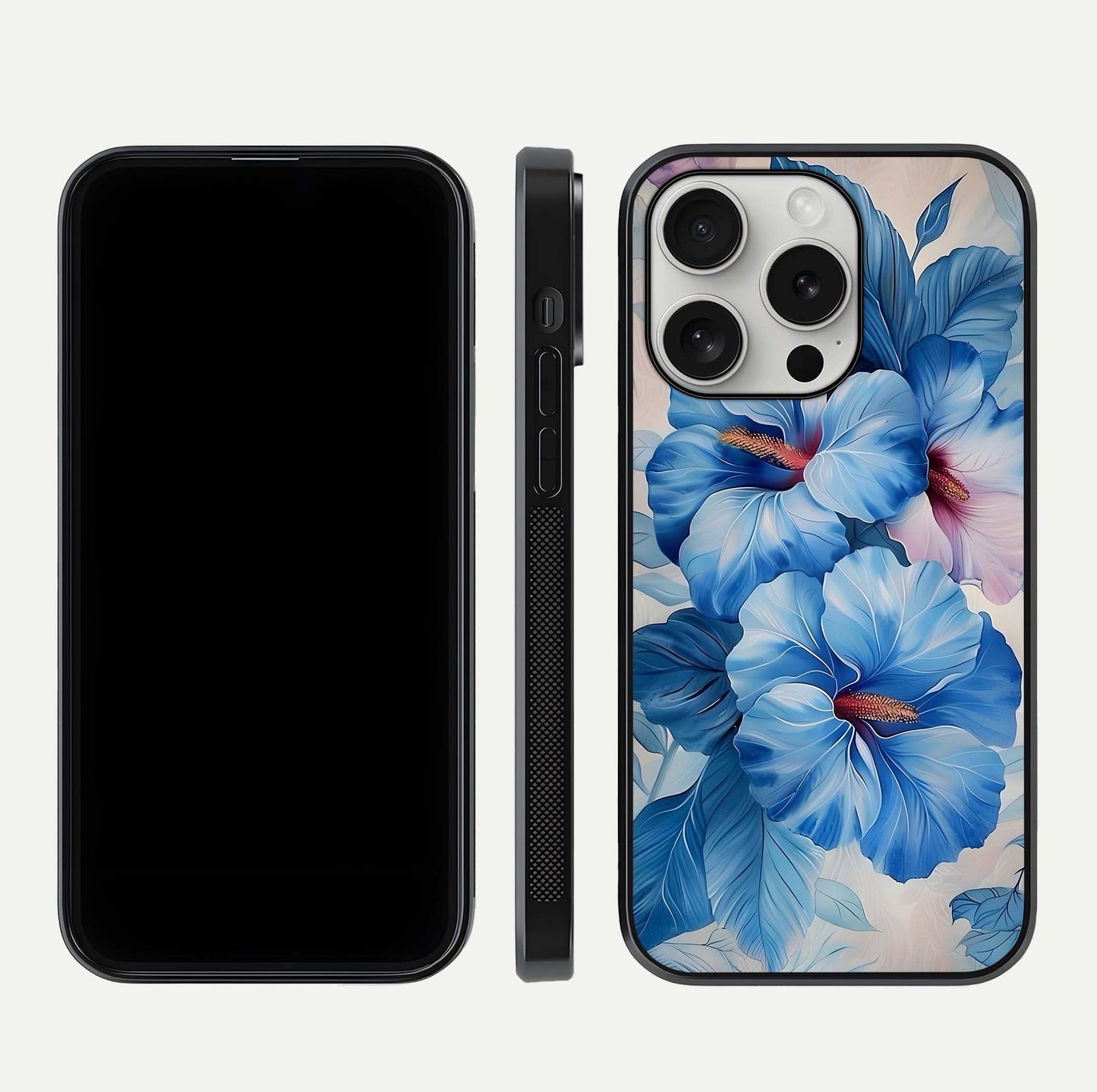 Ocean Hibiscus Grace Glass Case for iPhone 16 Pro front & back layout showing vibrant oceanic tones and curves