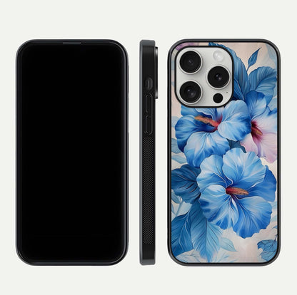 Ocean Hibiscus Grace Glass Case for iPhone 16 Pro front & back layout showing vibrant oceanic tones and curves