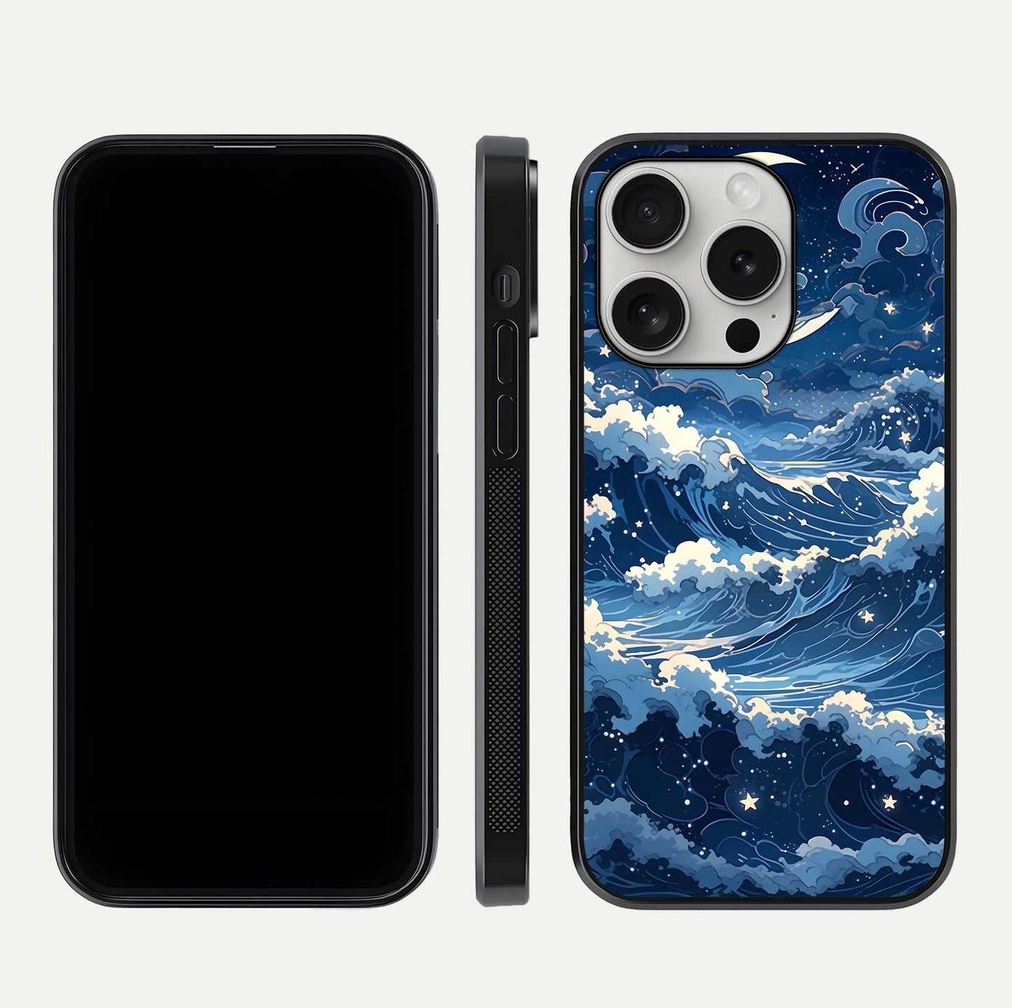 Ocean Moon Waves Glass Case for iPhone 16 Pro front & back layout highlighting water flow and smooth edges