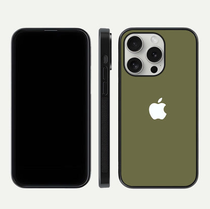 Olive Matte Essence Glass Case for iPhone 16 Pro front & back layout highlighting simple design and clean edges