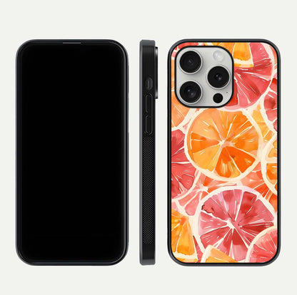 Orange Fruits Pattern Glass Case for iPhone 16 Pro front & back layout highlighting bright colors and clean edges
