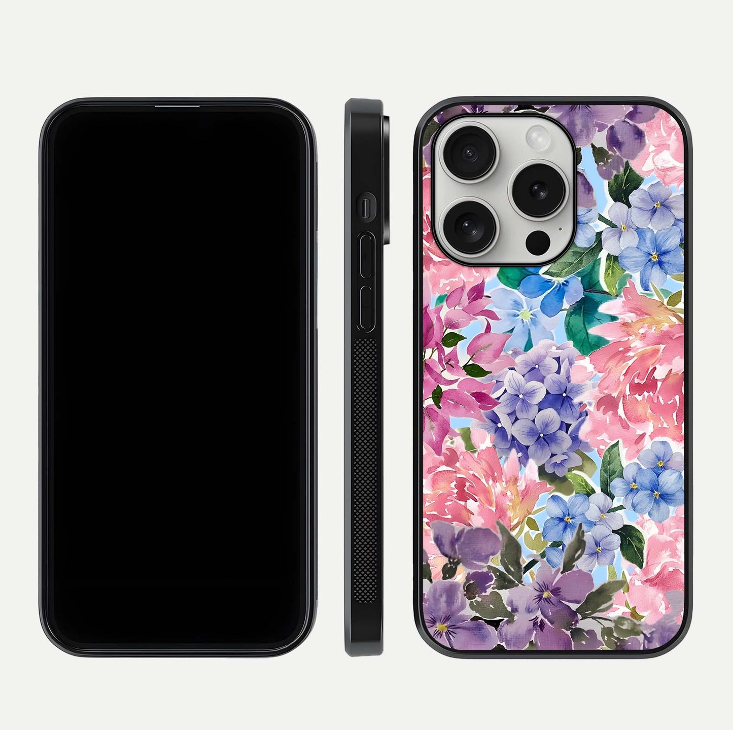 Pastel Floral Mix Glass Case for iPhone 16 Pro front & back layout showing gentle tones and elegant edges