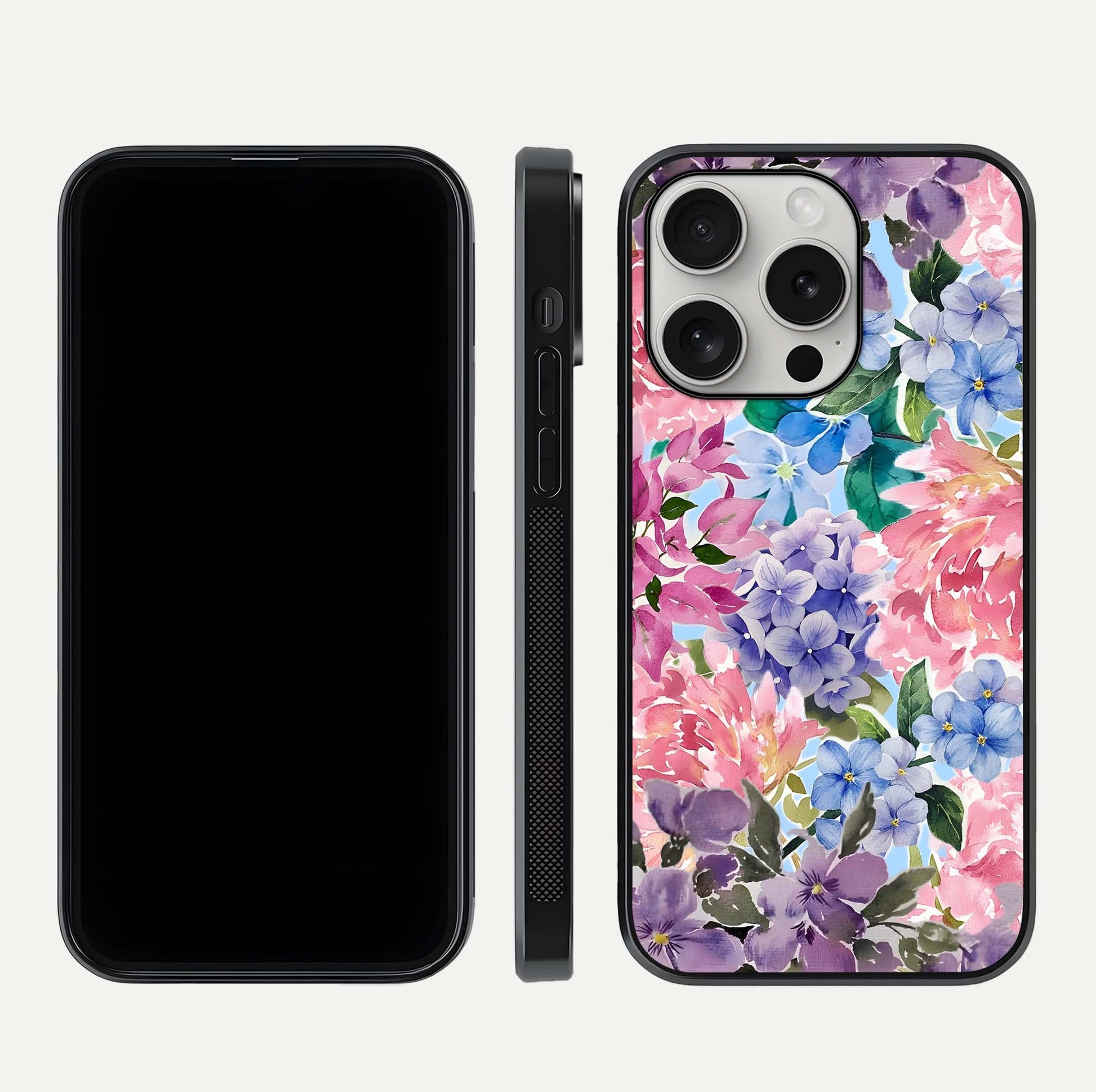 Pastel Floral Mix Glass Case for iPhone 16 Pro front & back layout showing gentle tones and elegant edges