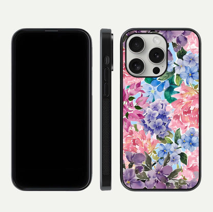 Pastel Floral Mix Glass Case for iPhone 16 Pro front & back layout showing gentle tones and elegant edges