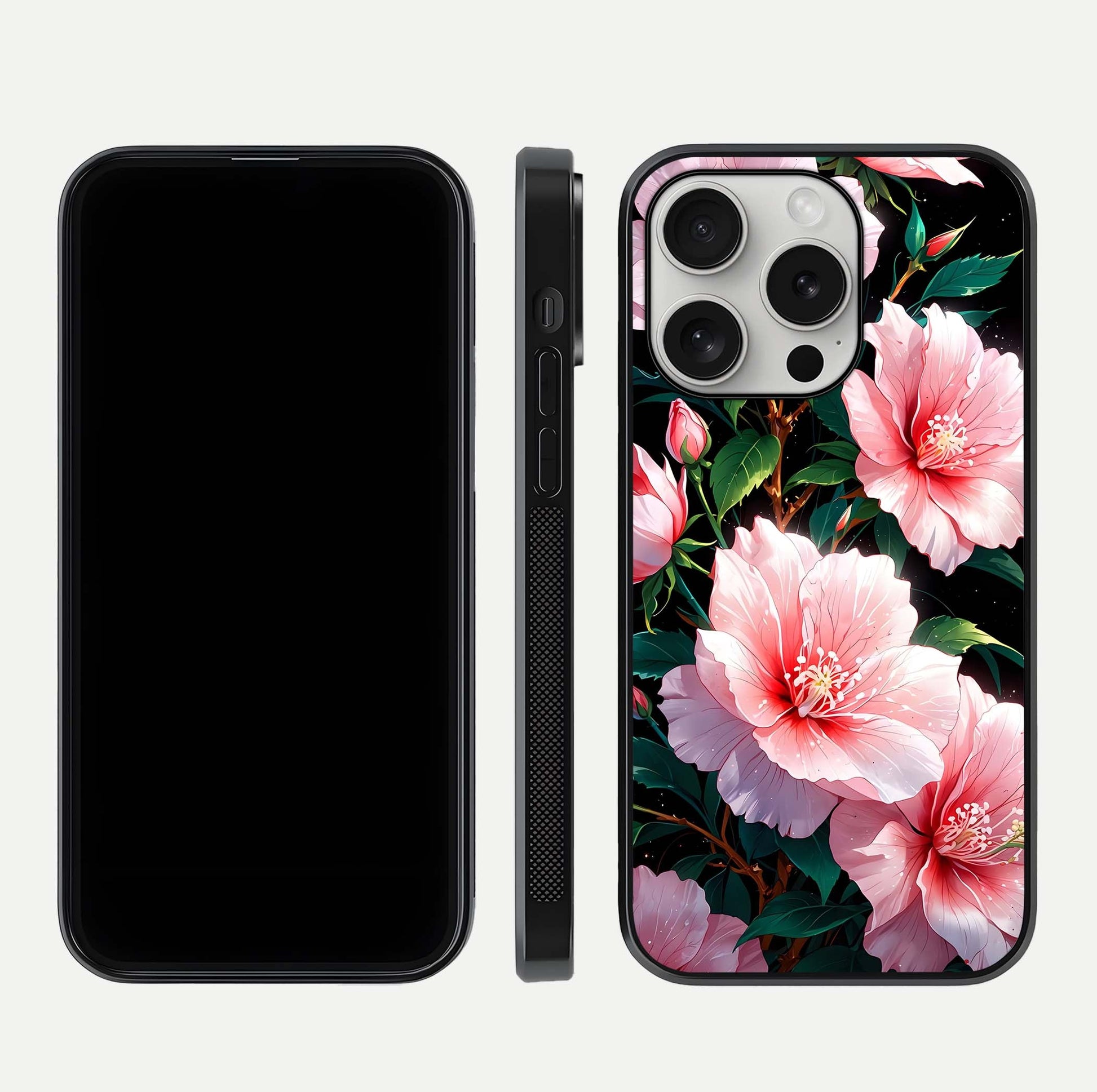 Peach Flower Glass Case for iPhone 16 Pro front & back layout showing elegant floral tones and smooth edges
