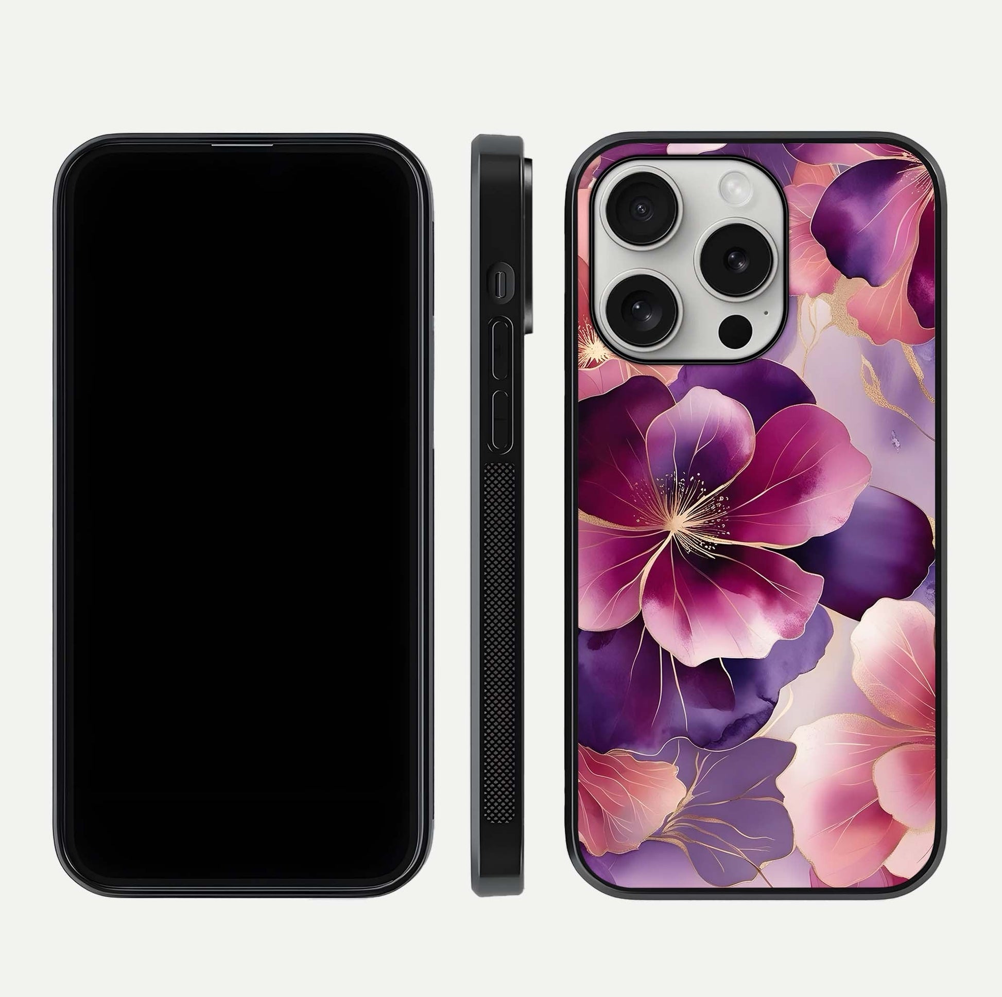 Pink Bouquet Florals Glass Case for iPhone 16 Pro front & back layout highlighting vivid petals and smooth edges