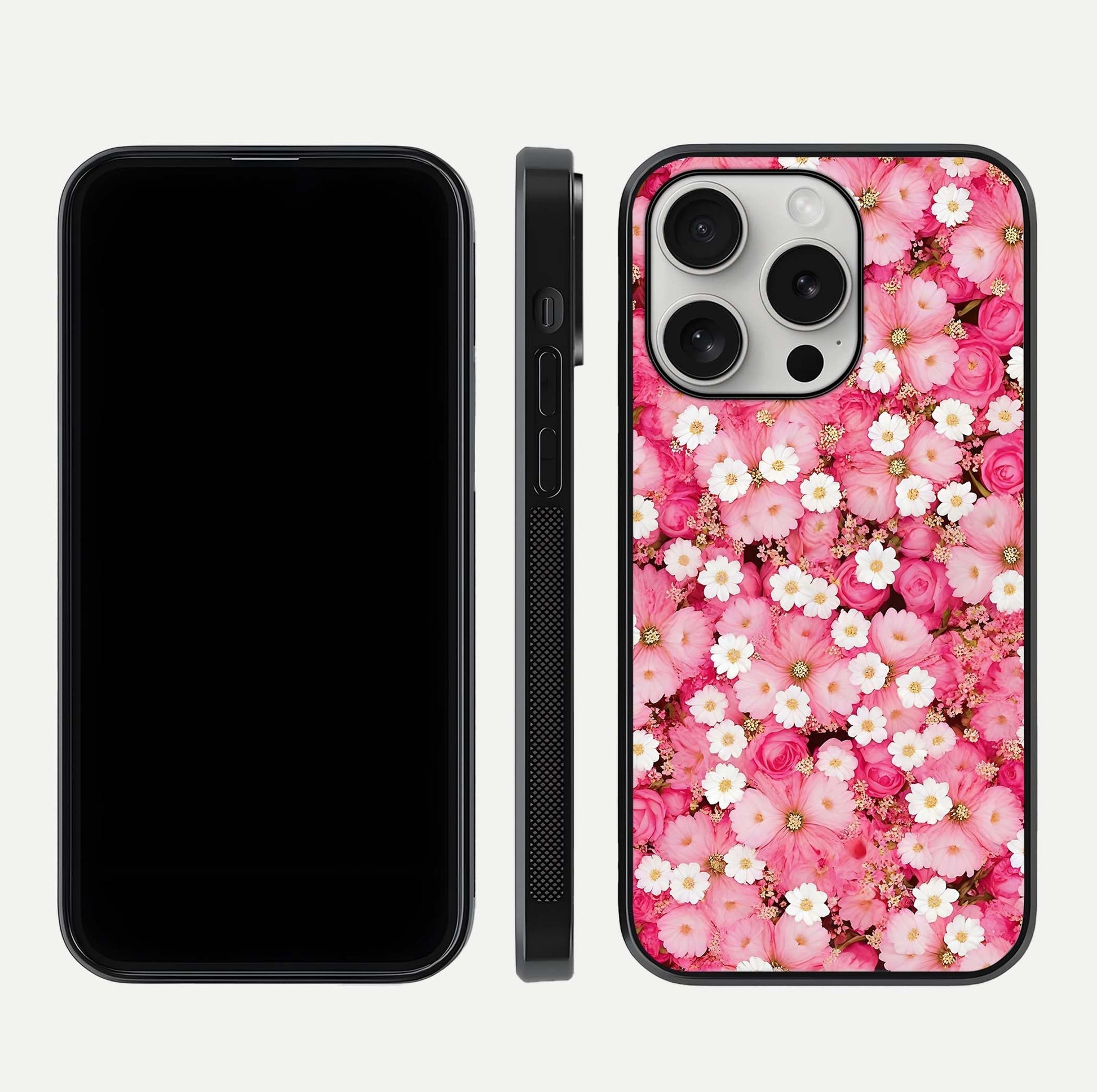 Pink Daisy Bliss Glass Case for iPhone 16 Pro front & back layout showing HD floral tones and edge finish