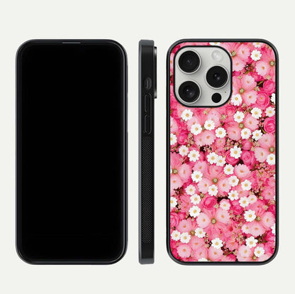 Pink Daisy Bliss Glass Case for iPhone 16 Pro front & back layout showing HD floral tones and edge finish