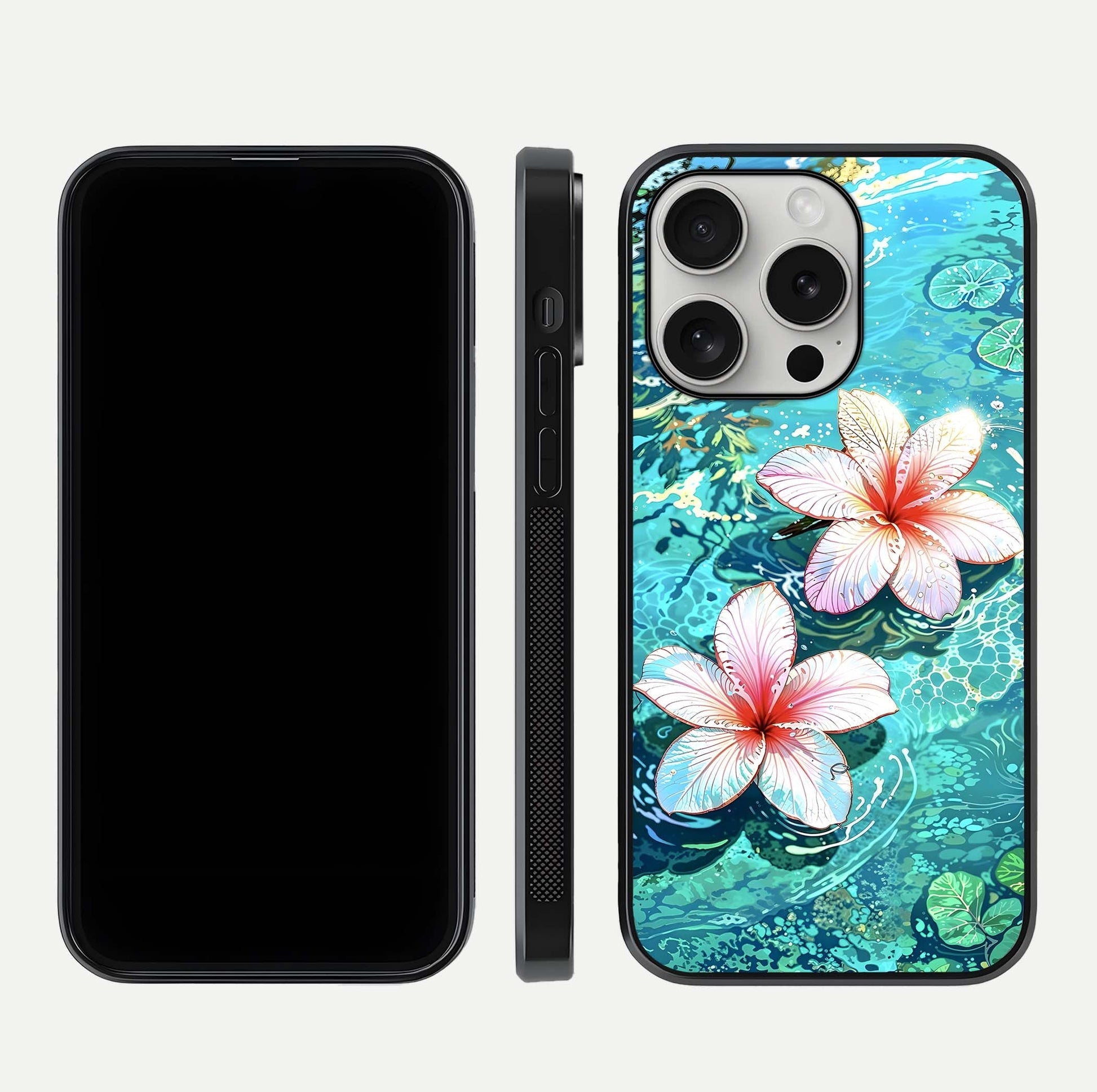 Pink Flowers in Water Glass Case for iPhone 16 Pro front & back layout showing elegant pastel floral tones