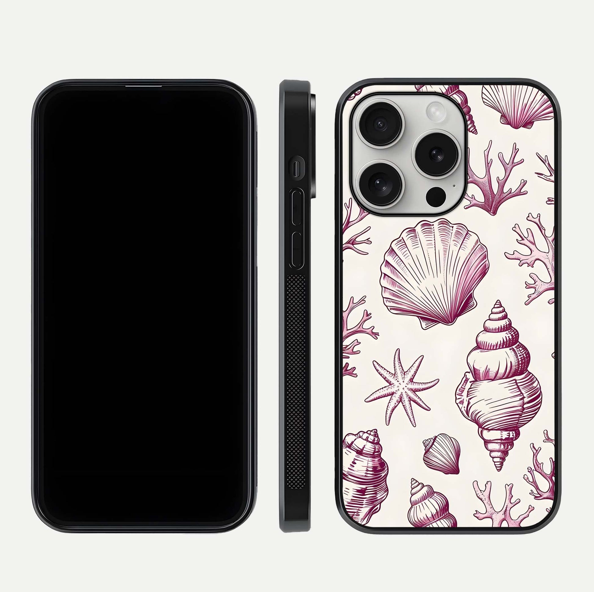 Pink Shells Outline Glass Case for iPhone 16 Pro front & back layout showing soft pastel tones and edge design