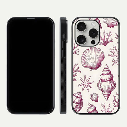 Pink Shells Outline Glass Case for iPhone 16 Pro front & back layout showing soft pastel tones and edge design
