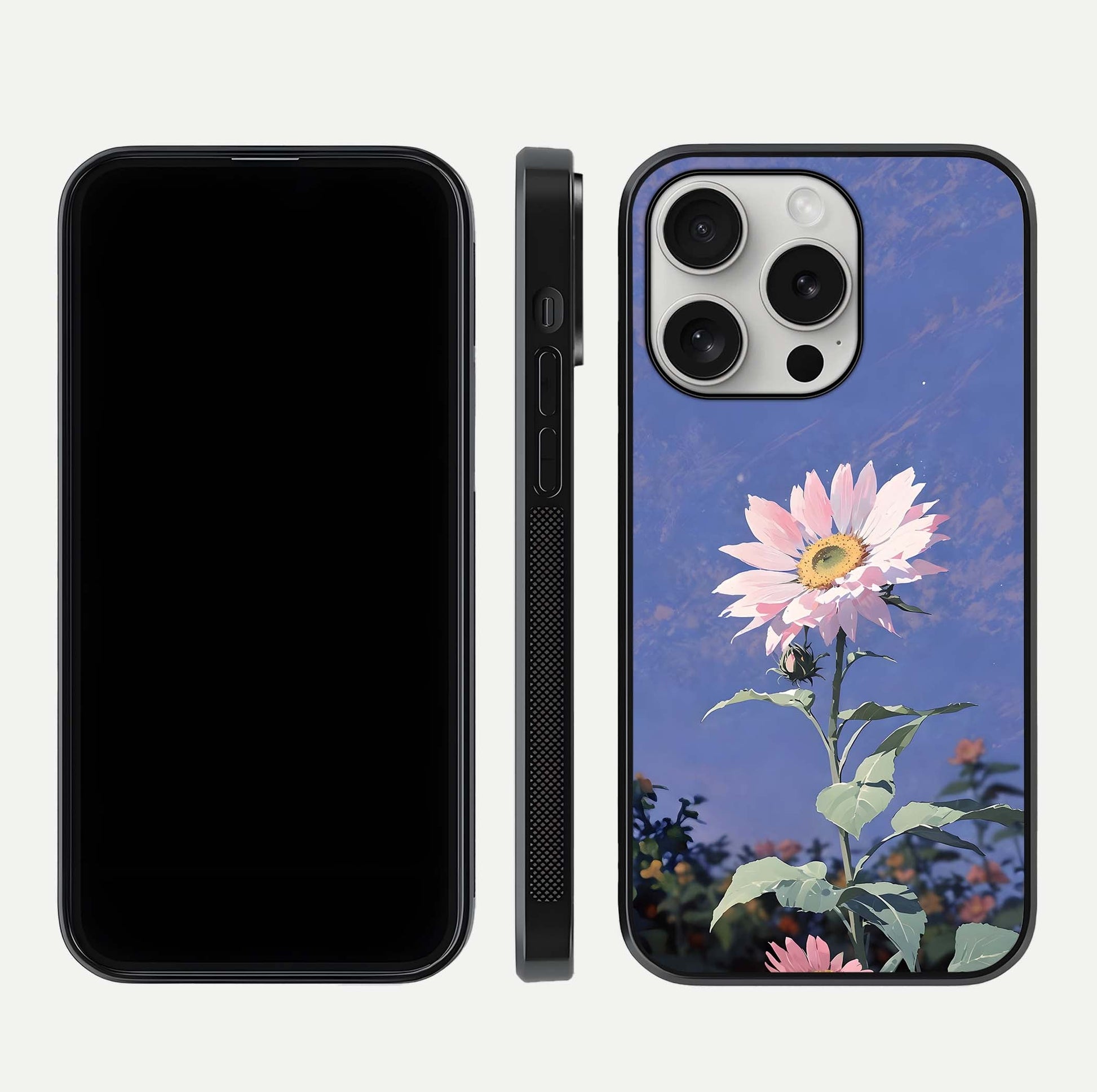 Pink Sunflower Glow Glass Case for iPhone 16 Pro front & back layout showing HD tones and bright finish