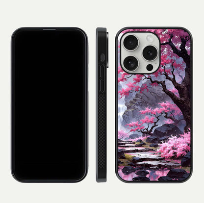 Pinkish Scenery Glass Case for iPhone 16 Pro front & back layout showing landscape art and curved edge finish