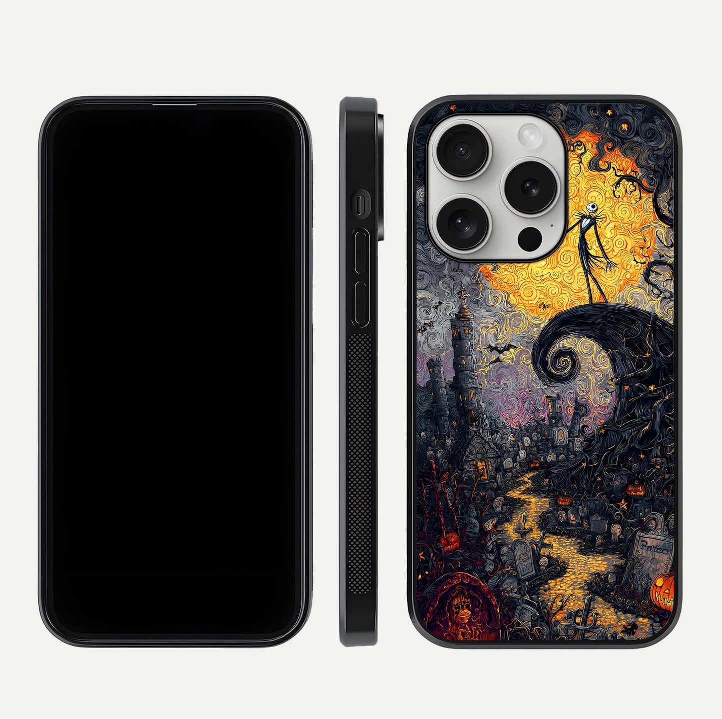 Pumpkin Moon Night Glass Case for iPhone 16 Pro front & back layout highlighting festive tones and smooth edges