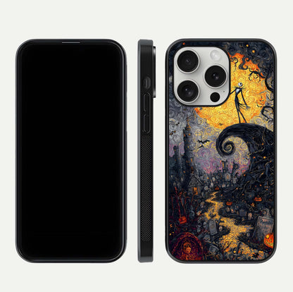 Pumpkin Moon Night Glass Case for iPhone 16 Pro front & back layout highlighting festive tones and smooth edges