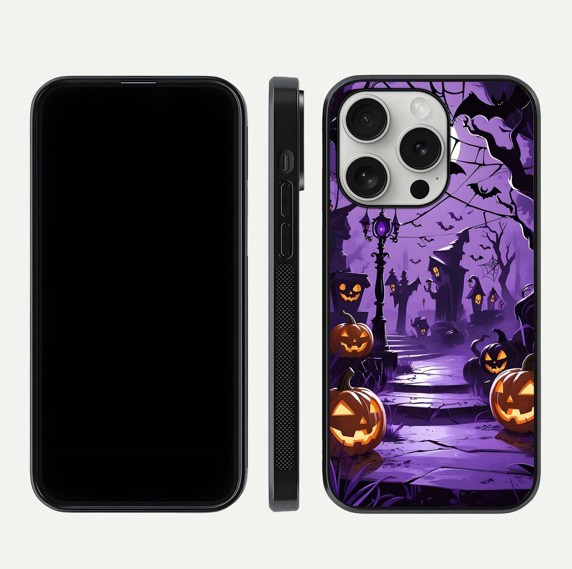 Pumpkin Patch Halloween Glass Case for iPhone 16 Pro front & back layout showing festive Halloween print