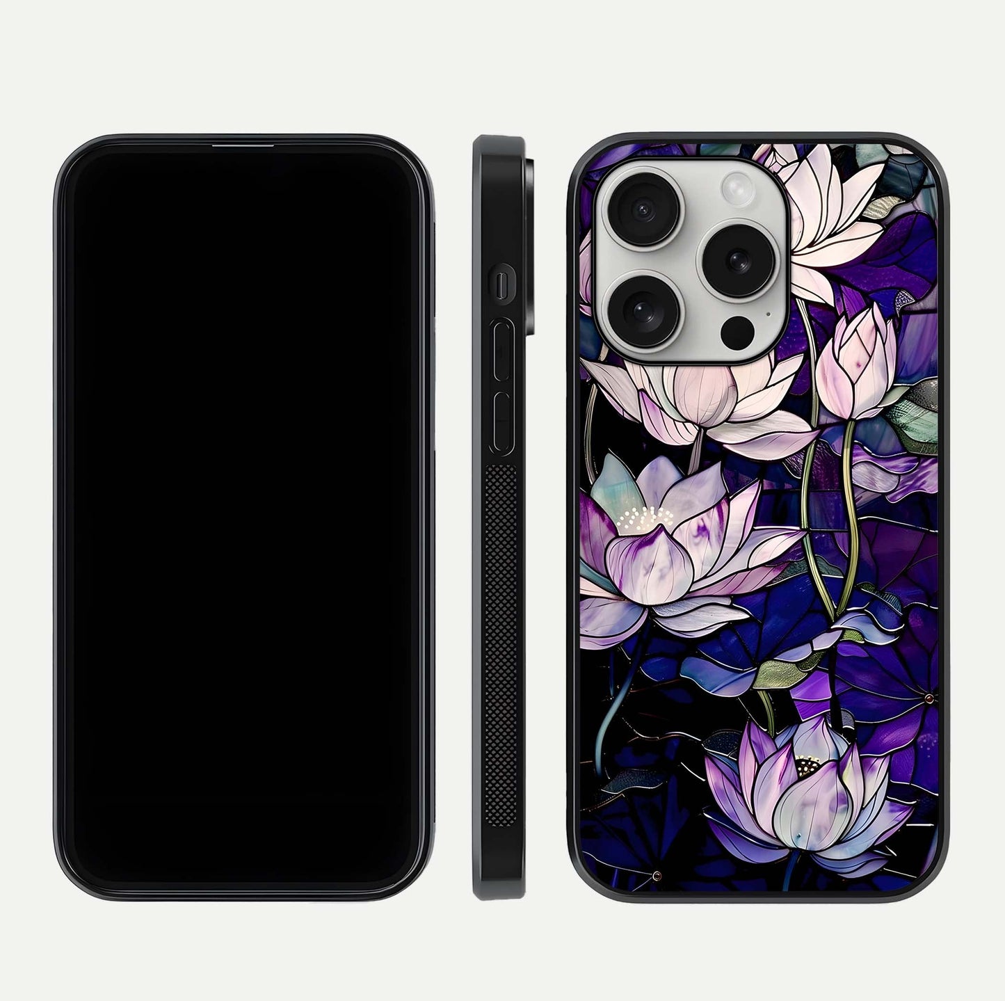 Purple Lotus Pattern Glass Case for iPhone 16 Pro front & back layout highlighting floral tones and soft edges